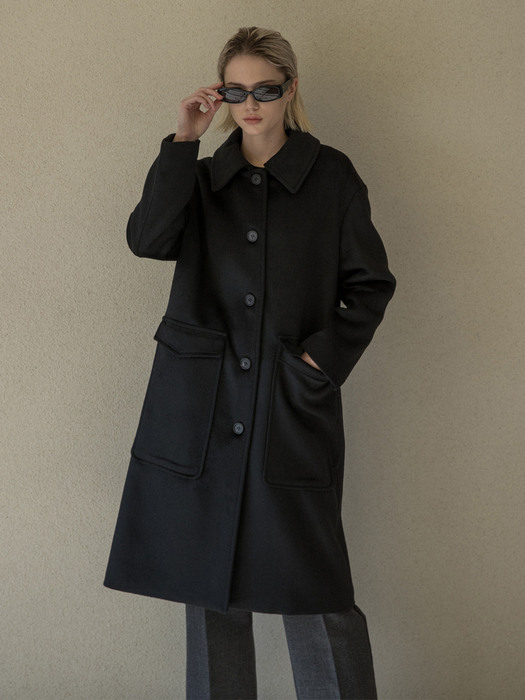 Single Fur Collar Long Coat Black