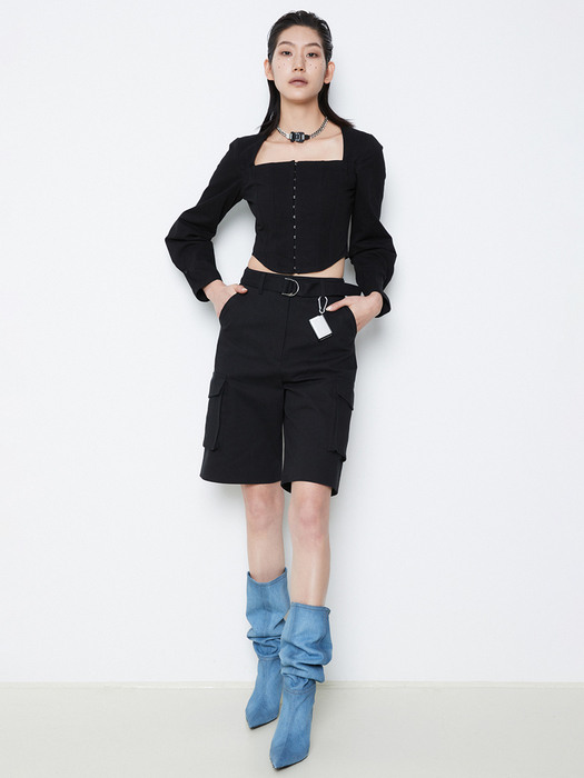 SQUARE NECK CORSET BLOUSE_BLACK