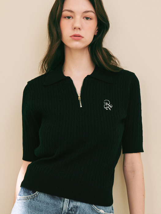 CABLE HALF ZIP UP SHORT KNIT BLACK