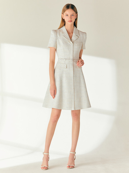 GIANNA Notched collar tweed mini dress (Cream/Navy)