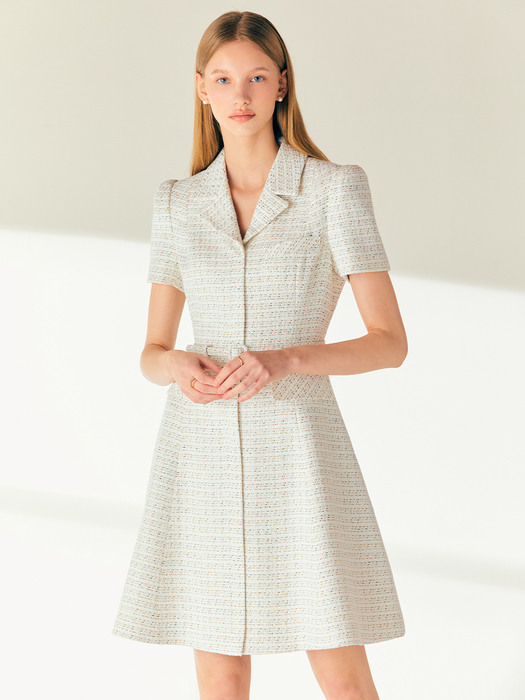 GIANNA Notched collar tweed mini dress (Cream/Navy)