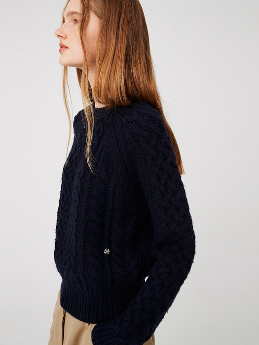 Fine Wool Cable Sweater / Navy