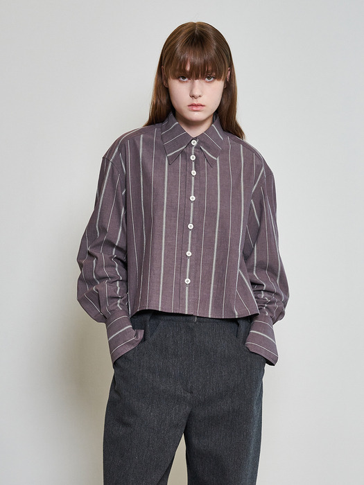 Oversized Stripe Cropped Shirt _BROWN 