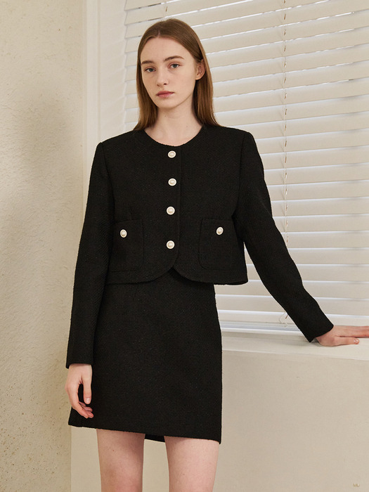 Tweed Pearl Button Jacket Set Up - Black