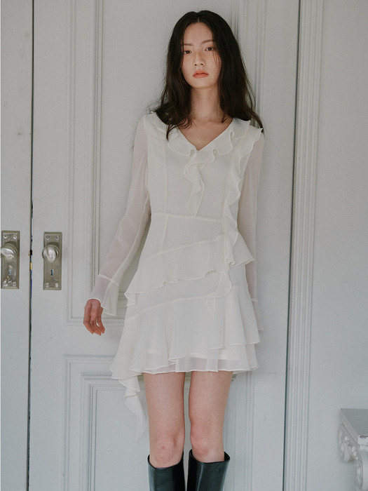 [단독] ASYMMETRIC RUFFLE MINI DRESS_IVORY