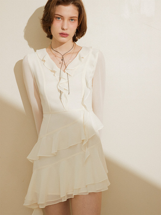 ASYMMETRIC RUFFLE MINI DRESS_IVORY