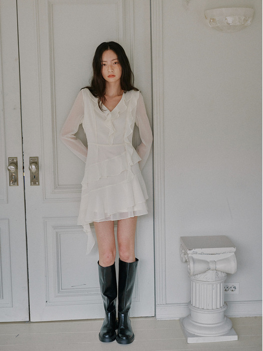 [단독] ASYMMETRIC RUFFLE MINI DRESS_IVORY