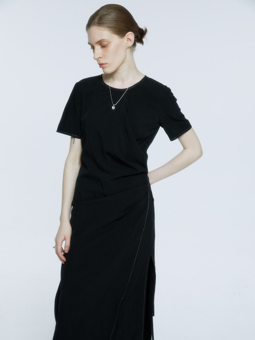 VICTORIA Draped Layered Wrap Detail Dress_Black