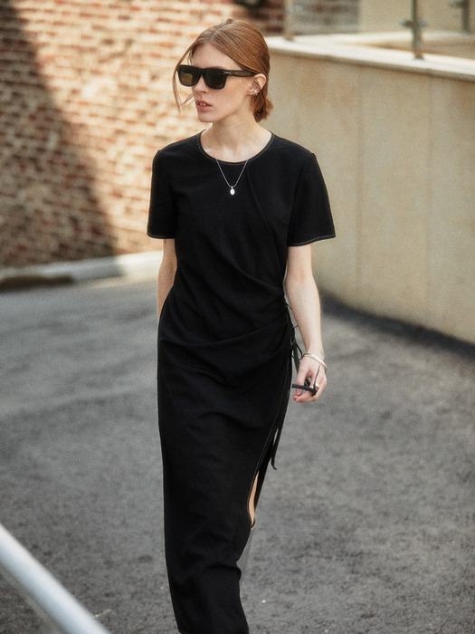 VICTORIA Draped Layered Wrap Detail Dress_Black