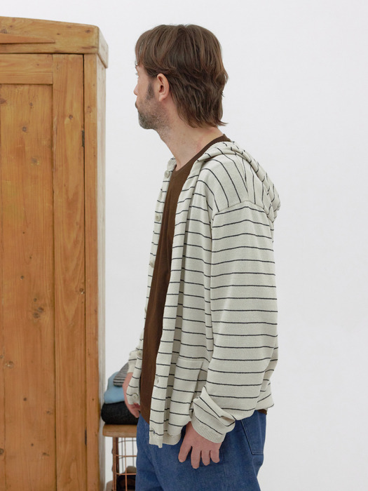 [Men] Hemp Cotton Stripe Hooded Cardigan (Ivory)