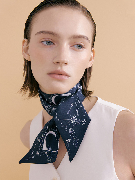 Zodiac Long Twilly Silk Scarf - Navy