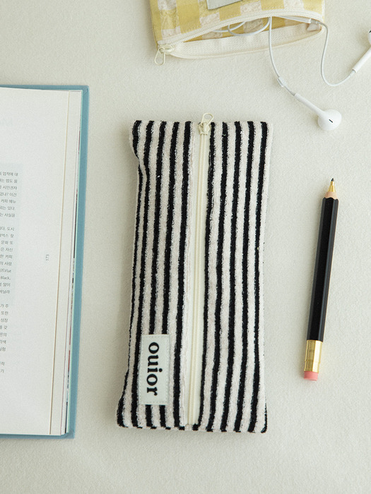 ouior flat pencil case_terry stripe black (middle zipper)