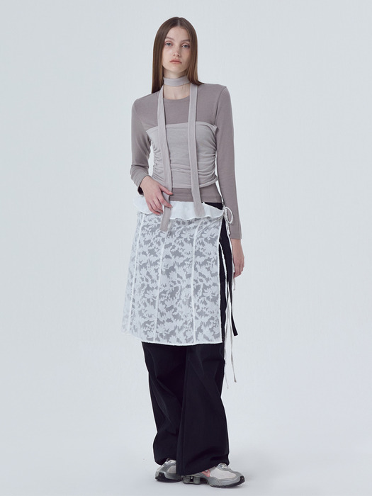 Tシャツ・カットソー ETMON Layered Shirring Scarf TShirt, Ash Brown 에트몽]Layered Shirring Scarf T-Shirt, Ash Brown