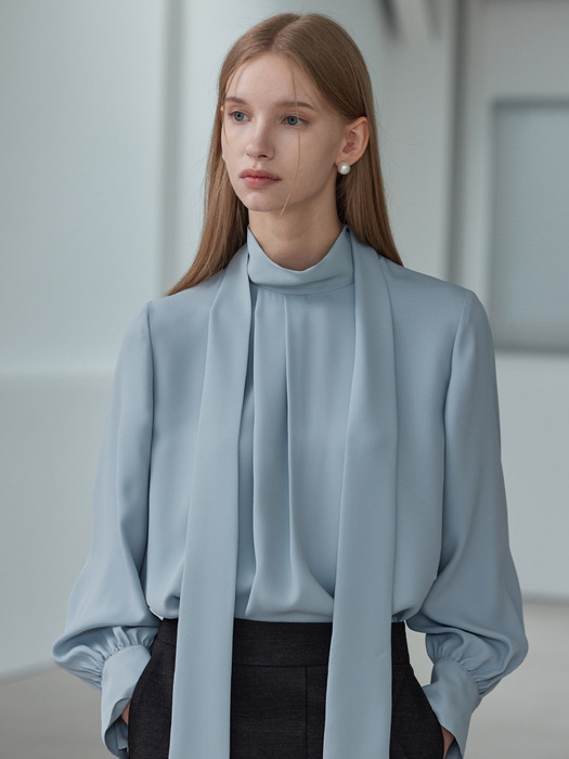 High-neck Tie blouse_Grayish Blue