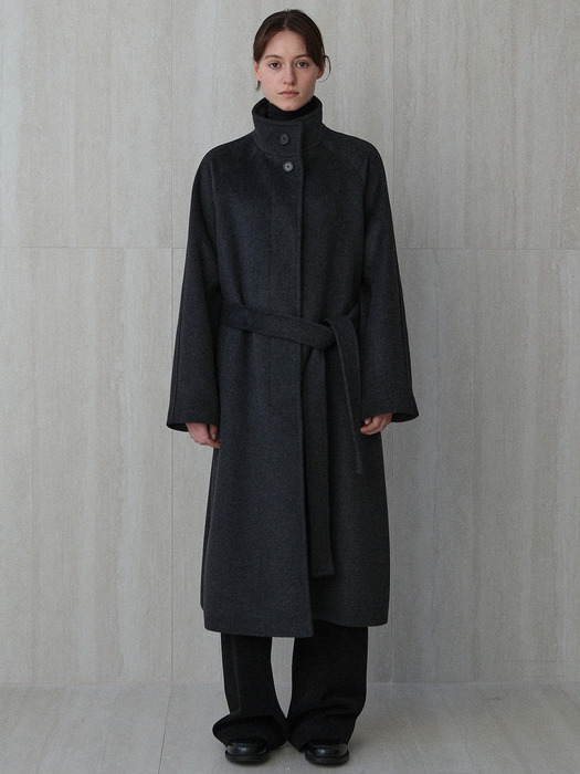 wool high-neck belted coat (charcoal)