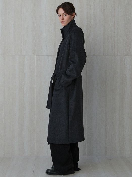 wool high-neck belted coat (charcoal)