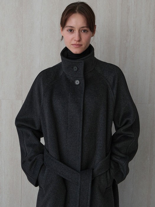 wool high-neck belted coat (charcoal)