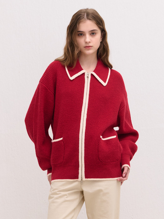 BLEND COLOR COLLAR KNIT CARDIGAN RED