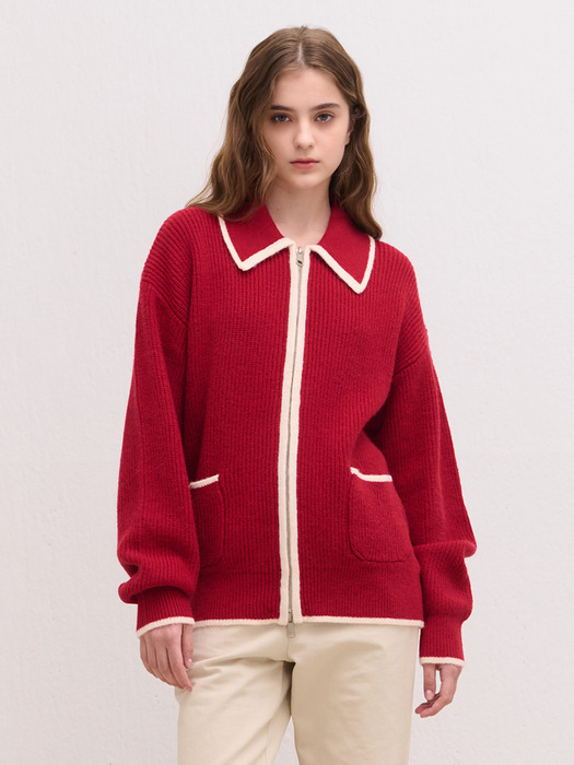 BLEND COLOR COLLAR KNIT CARDIGAN RED