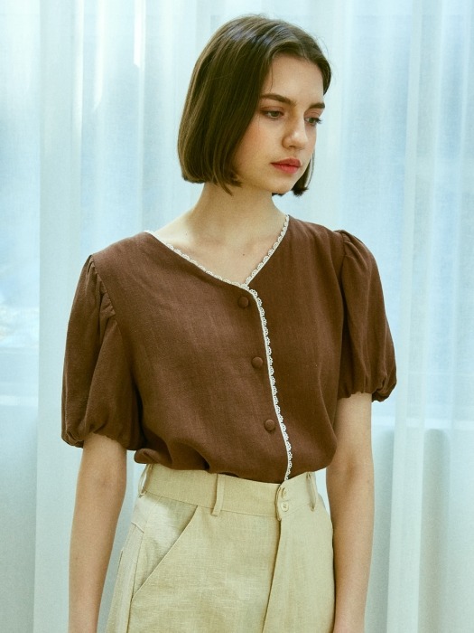 [By Joorti] J177 Puff linen blouse (brown)