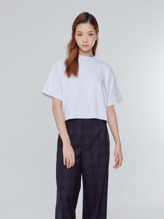 M Grey High Neck Cropped Print T-shirts