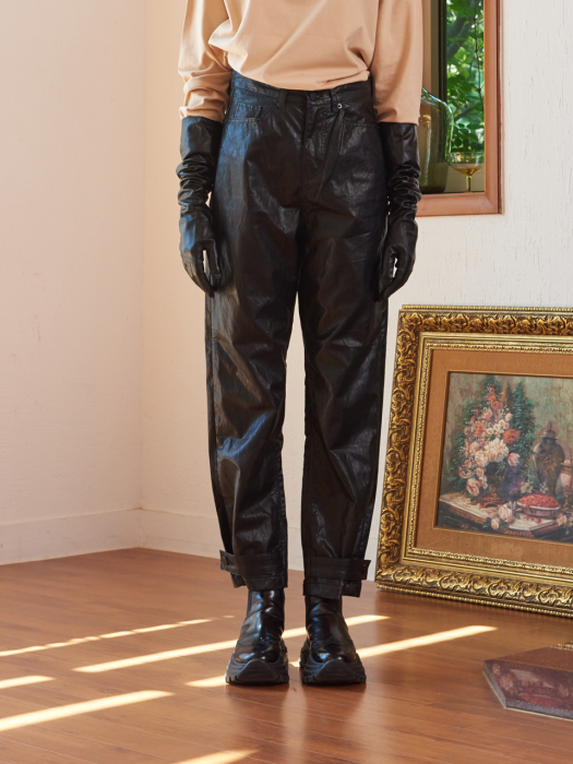 SNAP WIDE LEATHER PANTS (BLACK)