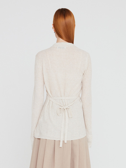 20SS LONG SLEEVED LINEN KNIT TOP WITH TWIN BUTTON DETAIL - IVORY MELANGE