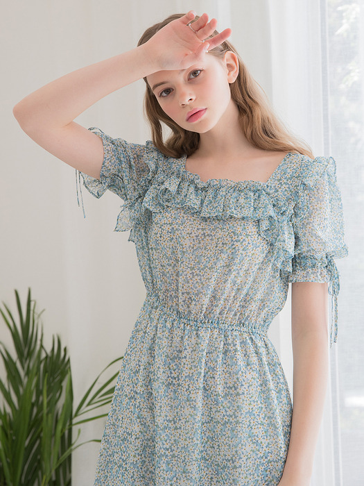 Flower Square Frill Dress Mint