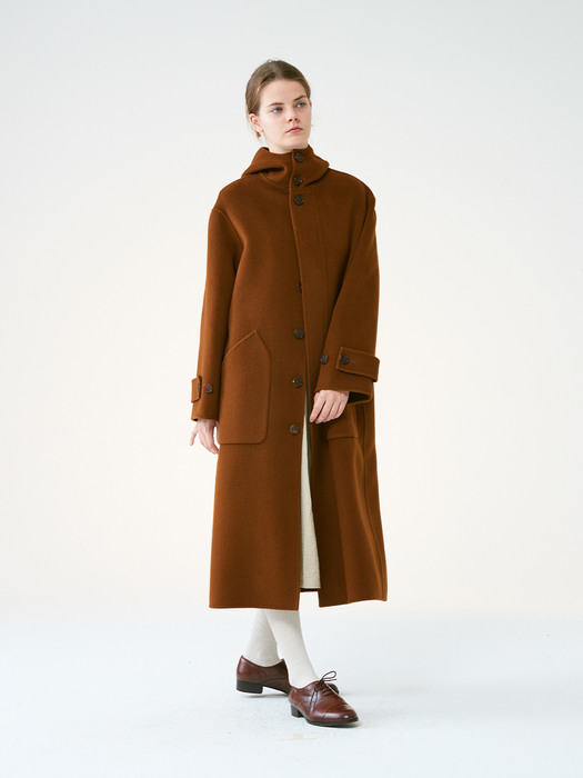 [WOMEN]Hand-made Inverted pleats hoodie Coat_Brown