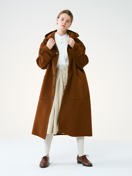 [WOMEN]Hand-made Inverted pleats hoodie Coat_Brown