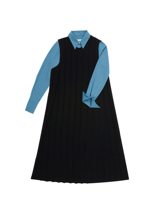 [SET]YEOUINARU One pocket basic shirt (Steel blue) & SEOUL FOREST Knit maxi dress (Black)