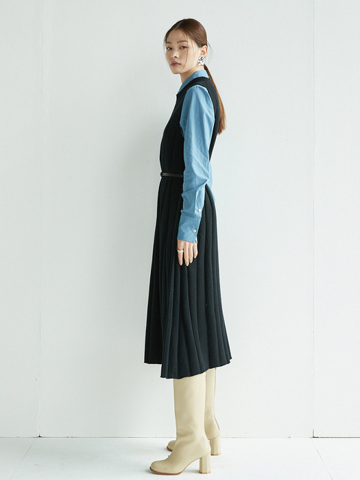 [SET]YEOUINARU One pocket basic shirt (Steel blue) & SEOUL FOREST Knit maxi dress (Black)