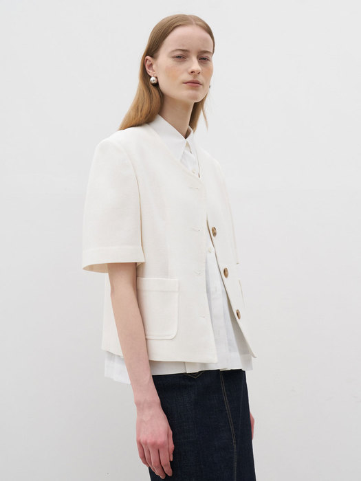 21 Summer_White Linen Tweed Cropped Blazer 