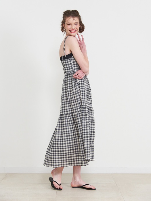 SLEEVLESS CHECK MAXI ONEPIECE_BLACK