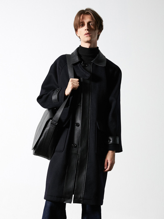 Black Leather Line Balmacan Coat (DARK NAVY)