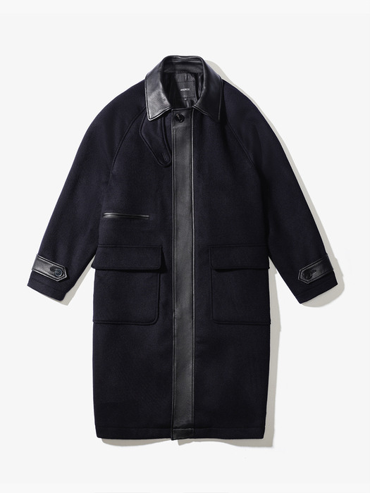 Black Leather Line Balmacan Coat (DARK NAVY)