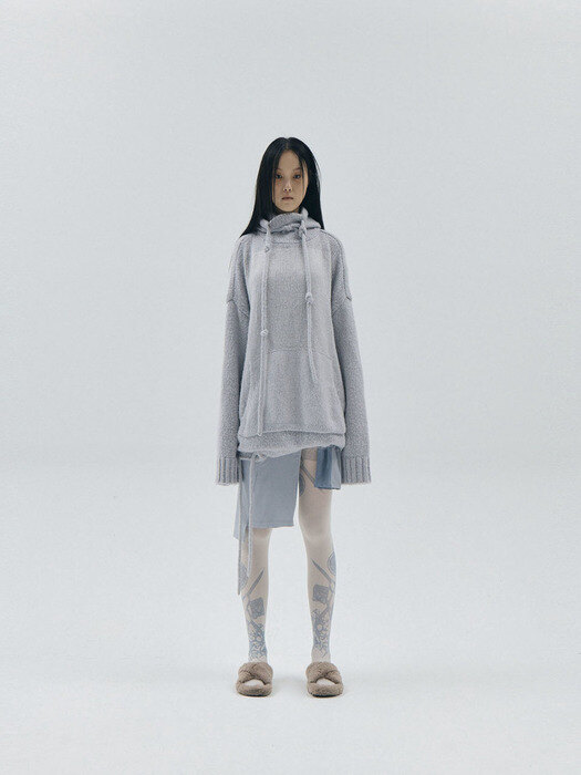 Embroidered Loose  Knit Hoodie /  Grey