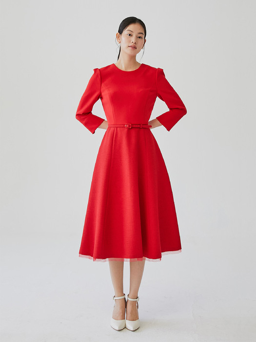 [미전시]DAHLIA Round neck ribbon detailed voluminous dress (Red/Black)