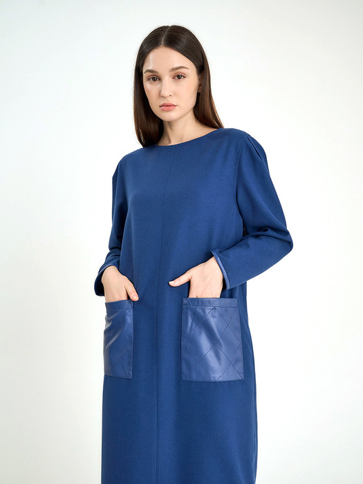 LEATHER POCKET H-LINE DRESS - BLUE