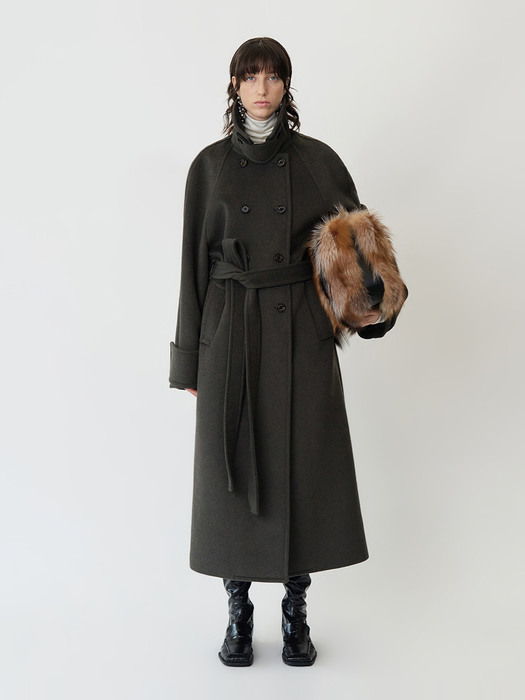 OVERSIZED WOOL-ANGORA BLEND FUNNEL-NECK MAXI COAT - BROWN KHAKI