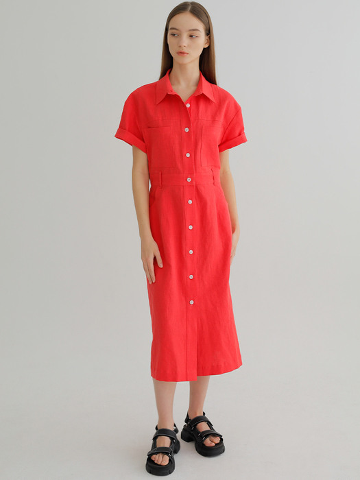 LINEN SHIRT DRESS / RED