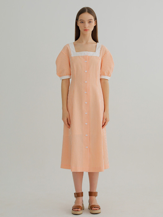 SQUARE NECK CHECK DRESS / ORANGE