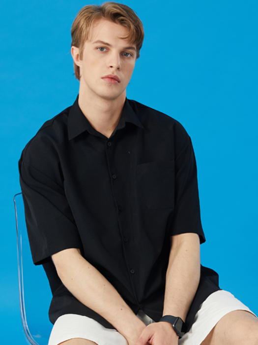 MEN 쿨링 오버핏 무지 셔츠 반팔 [BLACK] 여름 반팔셔츠 ver.