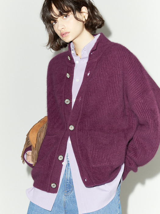 HIGH NECK RACCOON FOX CARDIGAN PURPLE