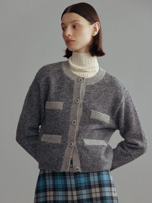 WOOLWICH Round neck crop Wool knit cardigan (Light blue/Gray)