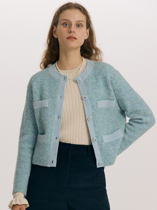 WOOLWICH Round neck crop Wool knit cardigan (Light blue/Gray)