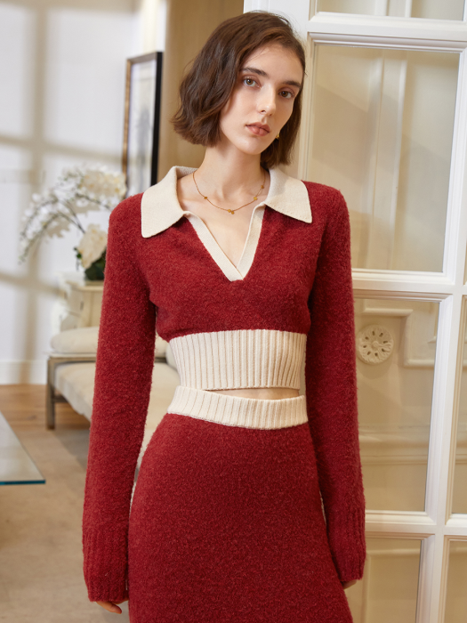 YY_French gentl block V-neck knit skirt set_RED