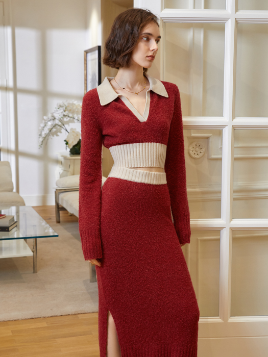 YY_French gentl block V-neck knit skirt set_RED