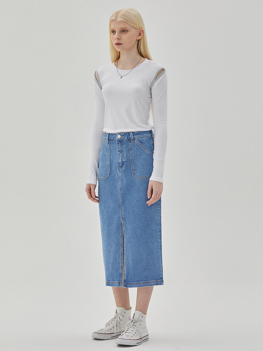 DENIM POCKET SLIT SKIRT LIGHT INDIGO