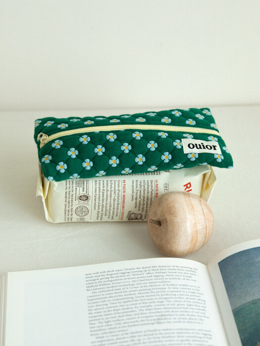 ouior flat pencil case - dot flower green(middle zipper)